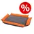 Cama rectangular para mascotas en tela gris con bordes naranjas. Círculo rojo con símbolo de porcentaje blanco, indicando oferta o descuento visible.