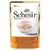 Schesir Adult kattenvoer in jelly, tonijn en kip met garnalen. Afbeelding van het product in een witte schaal. Meertalige tekst: tuna and chicken with shrimps, tonijn en kip met garnalen.