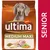 Pachet hrană pentru câini cu text: ultima affinity, MEDIUM MAXI, SENIOR. Imagine cu un câine și ingrediente vizibile: pui, morcovi, mazăre, cereale.