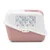 Cat litter box with pink base and white lid, decorated with flamingo and leaf pattern.