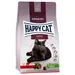 Sac de croquettes Happy Cat Bavarian Beef 1+ years, Sterilised Voralpenrind, image d’un chat noir, pictogrammes animaux, mention All in One Natural Life Concept, texte en anglais et allemand.