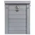 Grey wooden box with metal clasp, vertical panels and rectangular shape.