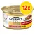 Purina Gourmet Gold kattmat, mit lachs und huhn, 12x. Bild på konservburk med vit katt och bitar i sås. Purina Gourmet Gold kattmat, mit lachs und huhn, 12x. Bild på konservburk med vit katt och bitar i sås.
