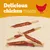 Delicious chicken treats text with red chicken icon and five chicken-wrapped sticks shown on beige background. Text is in English.