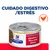 Lata de Hill's Prescription Diet con texto visible: digestive / fibre care stress. Texto superior: CUIDADO DIGESTIVO / ESTRÉS. Icono de pollo naranja a la derecha.