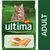 Sac de croquettes pour chat Ultima affinity ADULT, image d’un chat, morceaux de saumon, petits pois, carottes, céréales visibles sur l’emballage. Sac de croquettes pour chat Ultima affinity ADULT, image d’un chat, morceaux de saumon, petits pois, carottes, céréales visibles sur l’emballage.