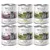 6 dåser Wolf of Wilderness Senior hundemad, varianter Wild Hills og Green Fields, 800 g. Tekst: 100% grain-free recipe, fresh duck & veal eller fresh lamb & chicken with wild berries, roots and wild herbs.