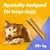 Specially developed for large dogs, from 25 kg. Pictured is a dog with a chew snack and the text 'Specially designed for large dogs' as well as '25+ kg'. Specially developed for large dogs, from 25 kg. Pictured is a dog with a chew snack and the text 'Specially designed for large dogs' as well as '25+ kg'.