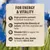For energy and vitality: high protein content for muscle mass, fruit, vegetables and herbs, vitamin C and E for immune system, salmon oil, zinc, biotin for healthy skin and coat.