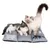 Zwei Katzen auf einem grauen, gepolsterten Kissen mit Tiermotiven wie Hund und Katze. Kissen zeigt Pfotenabdrücke als Design.