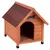 Hondenhok van hout met rood dak van shingles, zwart botdecor boven de ingang en verhoogde zwarte poten.