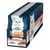 Purina Gourmet Perle, εκλεκτές λωρίδες σε σάλτσα με σολομό. Συσκευασία με λευκό μακρύτριχο γάτο και σερβιρισμένη γατοτροφή.