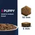 PUPPY Small & medium breed. Κροκέτα με διαστάσεις 10 mm διάμετρος και 5 mm ύψος, απεικόνιση σε μπολ και λεπτομέρεια μεγέθους.