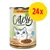 Catessy Chunks with Duck & Liver, 400 g burk, illustration av katt och tallrik med bitar. Stor gul cirkel med röd text: 24x. Text: Deliciously juicy!, no added sugar.