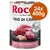 Rocco Trio di Carne, 24x400g, bœuf avec poulet et veau. Texte visible : 3 varieties of meat and offal. Boîte de nourriture pour animaux, poids net 400g. Rocco Trio di Carne, 24x400g, bœuf avec poulet et veau. Texte visible : 3 varieties of meat and offal. Boîte de nourriture pour animaux, poids net 400g.