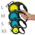Flexi рулетки размеров XS, S, M и L. Желтая для L и XS, синяя для M и S. Рука держит рулетку с эргономичной ручкой и карабином.