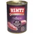 RINTI Singlefleisch Exclusive Geflügel Pur, met 65% eend, graanvrij. Blik hondenvoer met afbeelding van rauw gevogelte. Tekst deels in het Duits zichtbaar op het etiket.