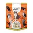 Pouch labelled '100% chicken breast. Plus extra purrs.' and 'tasty chicken treats', with images of black and white cats and a window showing the treats inside.