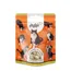 Pouch labelled '100% chicken breast. Plus extra purrs.' and 'tasty chicken treats', with visible pieces of treat inside a clear window.