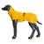 Cappotto giallo per cani con logo riflettente e chiusura regolabile, presentato su un modello di cane nero.