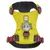 Ruffwear Hundegeschirr in Gelb mit rotem Gurt, reflektierendem Licht und robustem Metallring. Logo mit Hund sichtbar.
