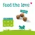 Drei Futterstücke mit Schild '100% løve', Text 'feed the løve'. Größentabelle: Durchmesser 14 mm, Höhe 10 mm. Silhouette eines Hundes unten. Drei Futterstücke mit Schild '100% løve', Text 'feed the løve'. Größentabelle: Durchmesser 14 mm, Höhe 10 mm. Silhouette eines Hundes unten.