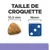 Taille de croquette : croquette triangulaire 10,5 mm à côté d’un dé bleu 16 mm pour comparaison visuelle