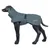 Hundemantel in Grau mit Verschluss und reflektierender Paspel, auf einem schwarzen Hundemodell präsentiert. Markenname rukka sichtbar. Hundemantel in Grau mit Verschluss und reflektierender Paspel, auf einem schwarzen Hundemodell präsentiert. Markenname rukka sichtbar.