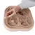 Hand demonstrating the use of a beige interactive feeding toy with four different puzzle elements.
