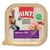 RINTI Leichte Beute, fett-reduziert, Huhn pur & Ente, 300g. Low fat, low calories, highly digestible. Imagine cu bucăți de carne și cap de câine vizibil pe ambalaj.