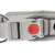 Primo piano di un collare per cani grigio con chiusura di sicurezza rossa e anello metallico per il guinzaglio.