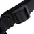 Close-up of a black strap with plastic buckle and woven material.