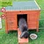 Wooden small animal house with green roof, weatherproof and easy to assemble. Natura Outdoor quality. Black rabbit on ramp, food bowl with grains next to it.