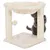 Cat tree with two sisal posts, plush lying surface and play ball. Grey cat climbing a post.