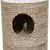 Braided scratching post with round opening and hanging feather toy inside.