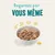 Texte : Regardez par VOUS MÊME. Bol blanc rempli de nourriture humide pour animaux, présenté sur fond clair avec des lignes décoratives jaunes autour du bol.