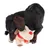 Chien teckel noir tenant une peluche beige et rouge en forme d’animal dans sa gueule, jouet en tissu visible.