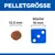 Pelletgrootte: vergelijking tussen een pellet met 12,5 mm diameter en een blauwe kubus met een ribbe van 16 mm.