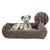Panier pour chien en tissu tressé marron, avec un dalmatien allongé à l'intérieur. Zoom sur la texture du tissu visible dans un cercle en haut à droite.