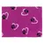 Purple dog blanket with black paw prints and white heart motifs. Fluffy surface, suitable as a mat or sleeping place.