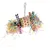 Jouet suspendu en osier avec chaîne métallique, décoré de bandes et franges en papier multicolore tressé. Convient pour cage ou volière, matériaux visibles : métal, osier, papier.