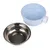 Two feeding bowls: one made of stainless steel and one made of blue plastic with fixing screw.