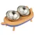 Double stainless steel bowl in an orange and blue stand with four legs, suitable for food and water.