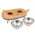 Feeding bowl set with orange holder in cat shape and two removable stainless steel bowls.