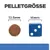 Pelletgrösse: Vergleich von 12,5mm Pellet mit einem blauen Würfel von 16mm Grösse.