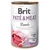 Brit Paté & Meat Lamb, pure paté with whole pieces of organs & meat. Grain free, soy & GMO free. Immagine di carne d'agnello cruda sulla confezione.