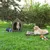 Tenda per pet, letto per cani e gioco su un prato. Due cani: uno nella tenda, l'altro sul letto. Borsa da trasporto e ciotola accanto.