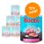 Rocco Junior wet dog food cans, visible flavours: turkey with veal hearts & rice, poultry chicken hearts & rice. Large can shows 'Supports healthy growth', 800g. Orange badge reads 'Try now!'.