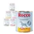 Rocco Sensitive wet food cans in various flavours including chicken and potato, turkey and potato, game and pasta, lamb and rice. Label shows single protein source.