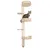 Cat tree made of wood with sisal post, multiple platforms and round balconies. Cat sitting on one of the upper levels.
